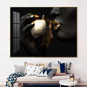 <span class=keywords><strong>Femme</strong></span> noire africaine aux lèvres dorées et aux peintures de pommes dorées, portrait d'art mural imprimé sur toile pour la décoration de la maison - Product Image 3