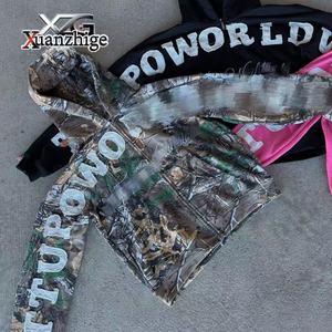 Diseño desgastado <span class=keywords><strong>de</strong></span> alta calidad Bordado desgastado Impresión <span class=keywords><strong>de</strong></span> camuflaje Apliques Bordado Recortado Oversize Zip up Hoodie - Product Image 3