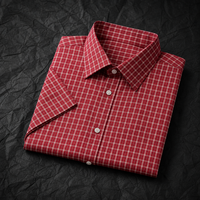 Kemeja Pria Lengan Pendek Motif Tartan Merah Putih Kustom, Katun Premium Bernapas, Motif Kotak-kotak Mikro, Kasual Musim Panas, Kemeja Kancing Pria