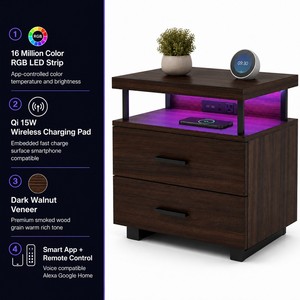 Mesita de Noche Inteligente con Luz Ambiental LED RGB, Carga Inalámbrica Qi de 15W, Chapa de Nogal Oscuro, Control por Aplicación, CARB P2 - Product Image 1