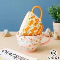 Tasse en céramique peinte à la main avec motif floral et anse orange pour café, thé, lait, petit-déjeuner, décoration maison et bureau, coffret cadeau