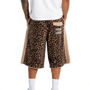 Custom Logo Leopard Print 3/4 Sweat <b>Shorts</b> Leopard Print <b>Sweatpants</b> Side Stripe Raw Hem Streetwear Jogger <b>Shorts</b> 2025 - Product Image 1