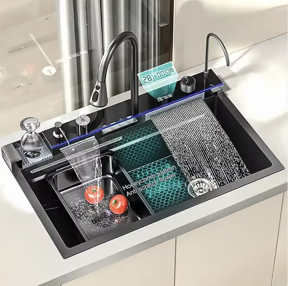 Fregadero de cocina de cascada digital con accesorios de juego completo, cuenco grande único multifunción duradero de acero inoxidable SUS304
