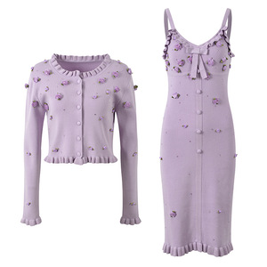 Lady French Style O-neck Long Sleeve Single-breasted <strong>Cardigan</strong> Slips Mini Dress Women Solid Knit Flowers <strong>Twin</strong> <strong>Sets</strong> - Product Image 1