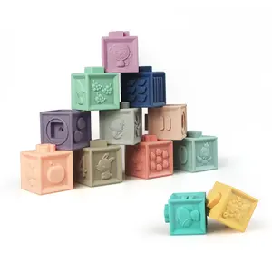 Hot Sale 3D Colorful 12PCS Rubber Soft Silicone Building Blocks Stacking Sate Bite Educational Toy