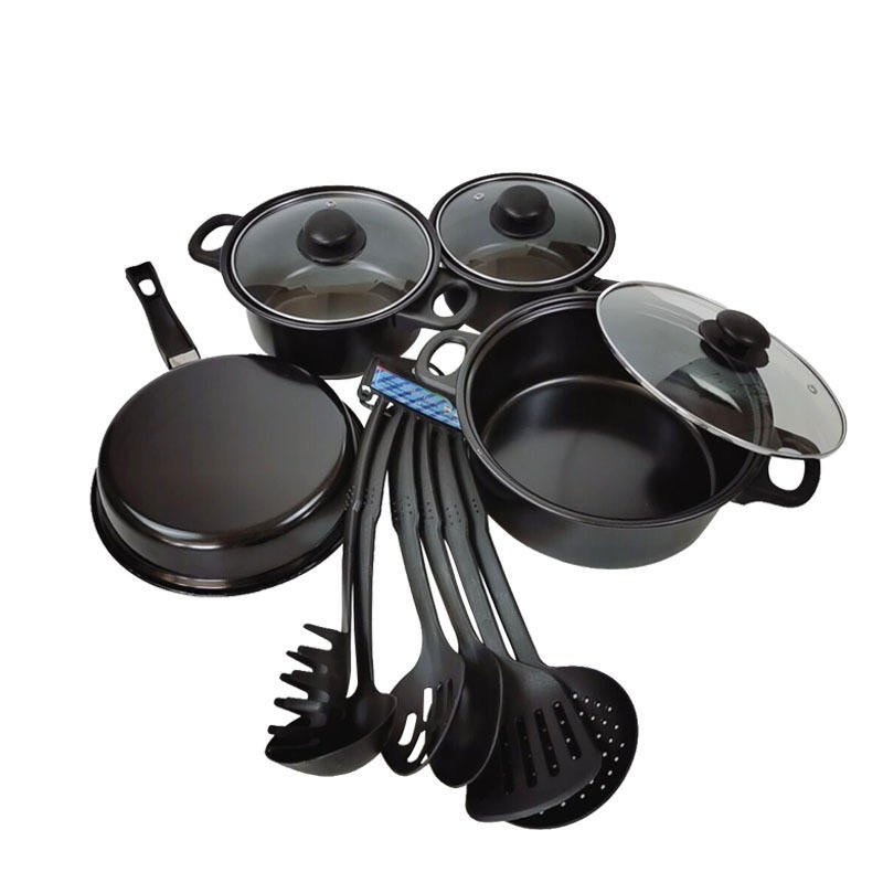 Top Selling 13pcs Home Kitchen Stainless Iron Cookware Set Modern Round Nonstick Black Pan Cast Glass Metal Gas Stove Applicable