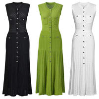 Elegantes Damen-Sommerkleid, sexy, ärmellos, O-Ausschnitt, einreihig geknöpft, gestrickt, antistatisch, A-Linie, Maxi, lässig, schlicht, einfarbig