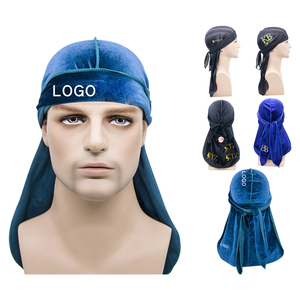 Bonnets en velours doux unisexes avec logo personnalisé, Doo Rags, chapeau de pirate uni, bonnets pour hommes, Durags avec longue queue pour hommes - Product Image 1