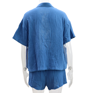 Ropa de mujer 2024 Vocation Conjuntos de dos piezas Pijama familiar de algodón Blusas y pantalones cortos verdes y azules - Product Image 4