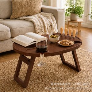 Outdoor Wooden Folding <b>Picnic</b> <b>Table</b> With Wine Holder And Knife Set Round <b>Portable</b> For <b>Picnics</b> Camping - Product Image 3