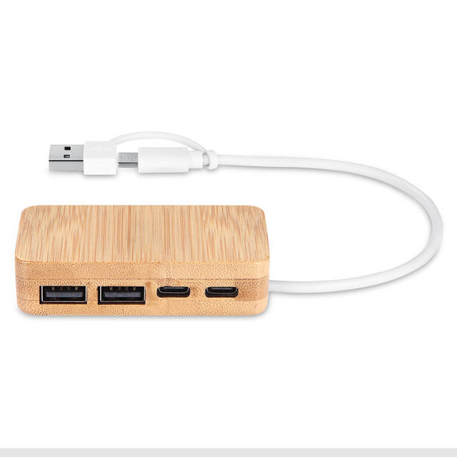 Eco-Friendly Multi-Function Type C USB Hub 4 Ports Bamboo Design USB Converter Note-taking Charging Corporate Consumer Stock