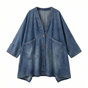 Chaqueta vaquera informal holgada para <span class=keywords><strong>mujer</strong></span> Wangsheng, <span class=keywords><strong>abrigo</strong></span> con cuello en V y botones, con bolsillos, ropa exterior cómoda de talla grande - Product Image 1
