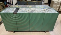 Buffet pliable en bois massif à texture ondulée verte avec éclairage LED, armoire de rangement, console de salle à manger moderne