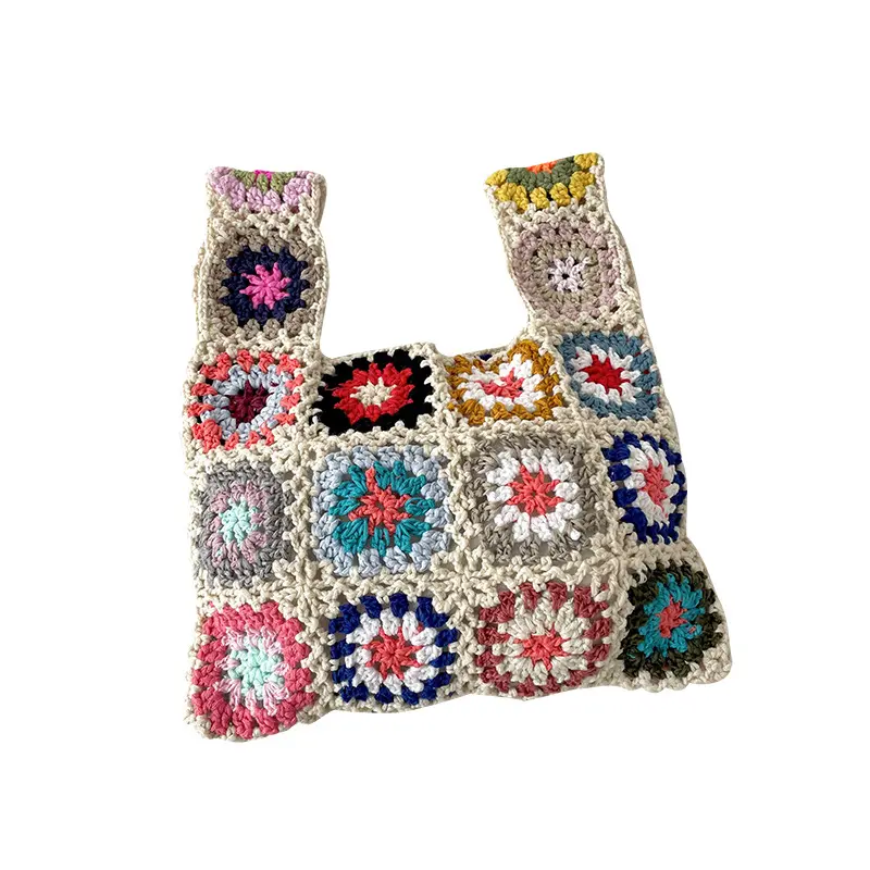 Wholesale spring and summer retro pastoral style bags grandmother hand made handmade wool bag granny square crochet bag