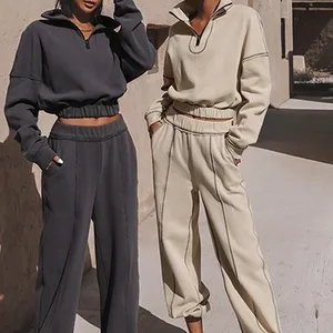 2022 Latest Design Custom High Quality Fall Casual Two Piece Set Women Crop Top Pants Oversized Hoodies Sets Tracksuit For Women