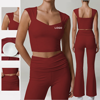 Set Yoga 2Pcs Custom, Crop Top Tanpa Tali Seksi, Celana Flare Pinggang Tinggi, Pakaian Olahraga Gym Pilates, Lari Outdoor, Pakaian Olahraga