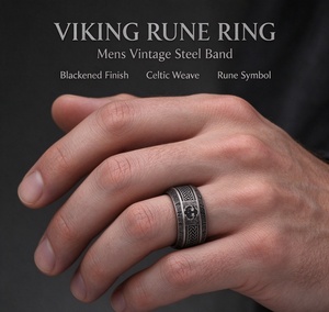 Erkekler için Rune Kabuk Yüzük Paslanmaz Çelik Titanyum Çelik Vintage İskandinav Tarzı Basit Takı Toptan - Product Image 2