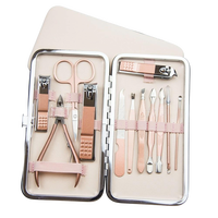Kit de manucure et pédicure professionnel de luxe en acier inoxydable rose, 12 pièces, ciseaux à ongles courbés, logo personnalisé, portable
