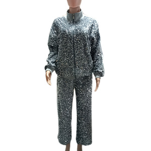 Chándales modestos de alta calidad con cremallera para <span class=keywords><strong>mujer</strong></span>, conjunto de dos piezas de plata con lentejuelas, conjunto de joggers acampanados informales para <span class=keywords><strong>mujer</strong></span>, conjunto de talla grande para <span class=keywords><strong>mujer</strong></span> - Product Image 5