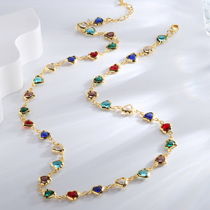 Trendy <b>Boho</b> Style 18K Gold Plated Brass Women's Jewelry Colorful Heart-Shaped Zircon Link Chain <b>Necklace</b> Claw Setting Party - Product Image 6
