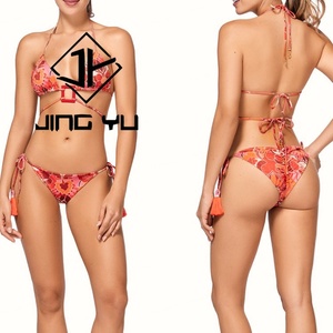 Maillot de bain bikini deux pièces personnalisé 2024, nouveau, luxe, pour femmes, en tissu recyclé imprimé, bretelles spaghetti, corde - Product Image 3