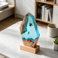 Lampe de table en bois et résine irrégulière, plongeur sous-marin, tortue marine, micro-paysage, base en bois USB, veilleuse décorative, cadeau