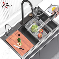 Évier de cuisine multifonction fabriqué à la main à la mode moderne, évier de cuisine noir à cascade nano