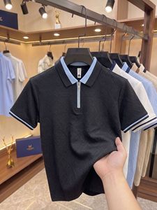 Fashion Men Solid Color <strong>Zip</strong> <strong>up</strong> <strong>Polo</strong> Shirt Jacquard Splicing Casual Short Sleeve Tops - Product Image 3