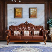 Sofá de Tres Plazas en Forma de U de Cuero Genuino Estilo Europeo, Combinación 123, Estilo Americano, Color Oscuro, Tallado Vintage para Salas de Estar