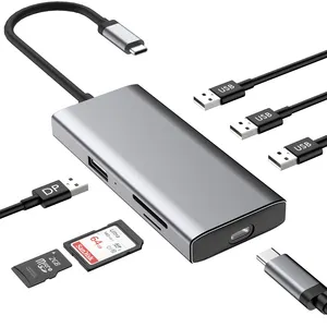 USB C ke DP Adapter 8K @ 60Hz 4K @ Tablet @ 240Hz USB C Dongle 7 in 1 dengan pengisi daya PD 3 USB pembaca kartu untuk Steam Deck Laptop Tablet