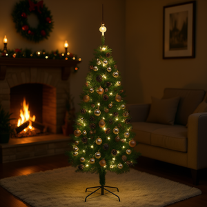 Árbol de Navidad Artificial Preiluminado de 70.9 Pulgadas con Juego de Bolas y Piñas, Luces LED Cálidas, Base para Interior - Product Image 2