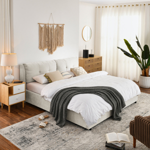 Lit capitonné sur mesure King Size avec design capitonné et système de levage à gaz, lit carré avec rangement - Product Image 1