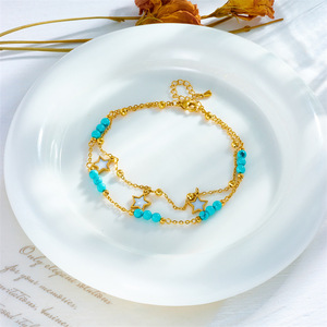 Chaîne de cheville bohème superposée avec perles turquoise, en acier inoxydable doré, breloques étoiles et coquillages incrustés, double chaîne pour femme, idéale pour la plage - Product Image 5