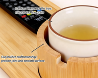 Support de tasse pliable en bambou avec finition laquée écologique, fente pour télécommande, plateau gain de place pour boissons et collations, idéal pour le salon