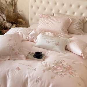 Haute qualité 100s longue agrafe coton couverture rose broderie couette couverture ensemble de literie lin - Product Image 5