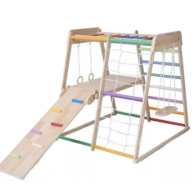 7 in 1 Indoor Playground, Wooden Montessori Climber Play Slide, Rock, Climbing Ladder, Net, Monkey Bars,Climbing Toys