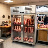 Réfrigérateur commercial YueCool pour cuisine professionnelle, vitrine à viande suspendue, 2 portes, en acier inoxydable et verre, pour présentation de bœuf