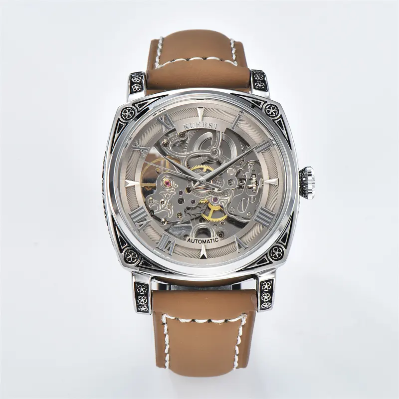 KUERST men's automatic mechanical watch Brown leather luminous alloy customizable waterproof women's watch