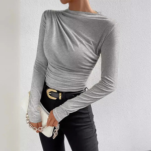 Camicetta da <span class=keywords><strong>donna</strong></span> a maniche lunghe in rayon, girocollo alto, tinta unita, vestibilità slim, design plissettato versatile, collezione Primavera 2024, 140g - Product Image 4