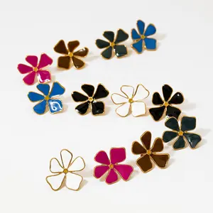 Clioro Spring Summer Style Colorful Oil Drop Flowers Shape Stainless Steel Enamel Stud Earrings Jewelry