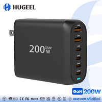 Cargador USB C Gan de 200W al por Mayor, Cargador de Escritorio de 6 Puertos con Carga Rápida Tipo C, Luz LED para Teléfono, Laptop, Tablet, Adaptador USB de Pared