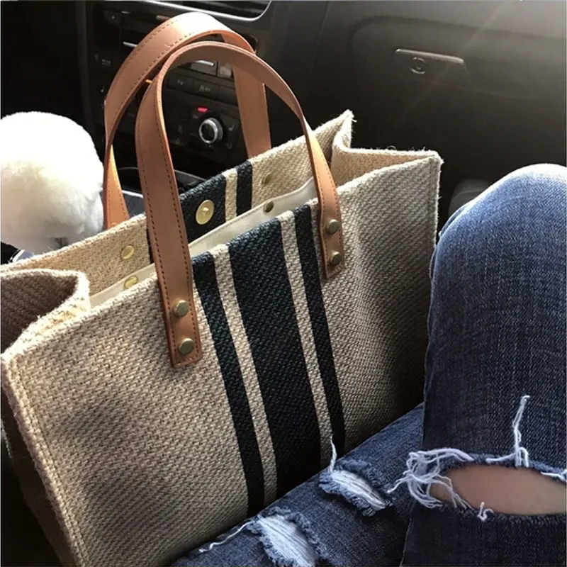 Simple Fashion Large-capacity Handbag For Ladies Vintage Striped Tote For Female Portable Business Briefcase Korean Style