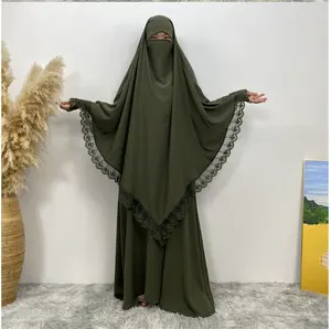 2023 newest abaya dubai turkey muslim fashion hijab dress with lace sleeve 2pcs jilb sets