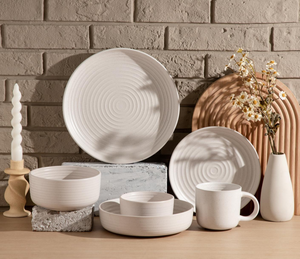 Modern Concentric Swirl Embossed <b>Ceramic</b> Dinnerware Set Speckled Matte Beige <b>Plates</b> Bowls Mugs Custom Logo Custom Color Food - Product Image 5