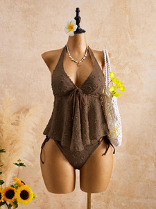 Ensemble Tankini 2 Pièces Femme Halter Jacquard Texturé avec Haut Volanté Fluide et Bas de Bikini à Nouer sur les Côtés, Maillot de Bain de Plage - Product Image 5
