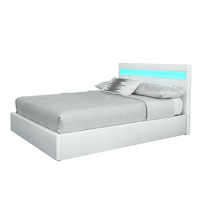 Fram de cama individual con Led, cama de terciopelo blanco, con almacenamiento, moderna, 4 pies