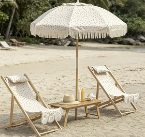Set <span class=keywords><strong>da</strong></span> Picnic Resistente alle Intemperie con Sedia a <span class=keywords><strong>Sdraio</strong></span> in Legno di Faggio e <span class=keywords><strong>Ombrellone</strong></span> con Nappe Vintage, Direttamente dalla Fabbrica, per Patio e Spiaggia - Product Image 3