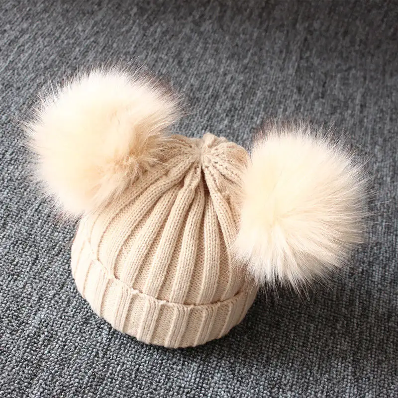 Newborn Baby Kids Girls Boys Winter Warm Knit Hat Furry Balls Pompom Solid Warm Cute Lovely Beanie Cap