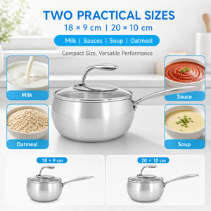 Vente en gros usine – <span class=keywords><strong>Casserole</strong></span> en acier inoxydable 304 entièrement plaqué avec couvercle en verre, sans revêtement, pot à lait 18cm 20cm, <span class=keywords><strong>compatible</strong></span> induction et gaz - Product Image 2