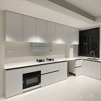 Système d'armoires de cuisine minimaliste avec finition blanche et aménagement de rangement mural long pour projets résidentiels à plan ouvert